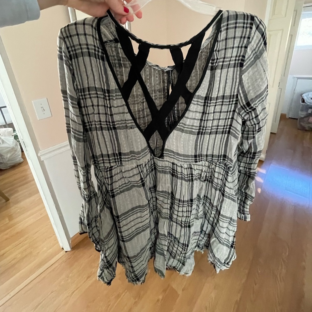 Free People Gauze Plaid babydoll style blouse